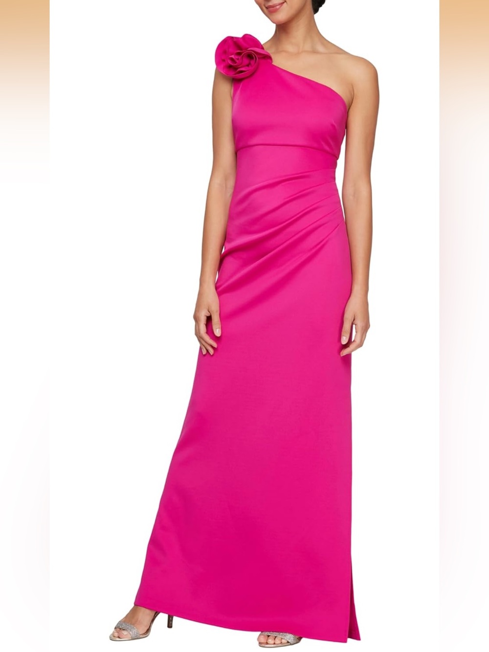 SLNY One-Shoulder Hot Pink Evening Gown
